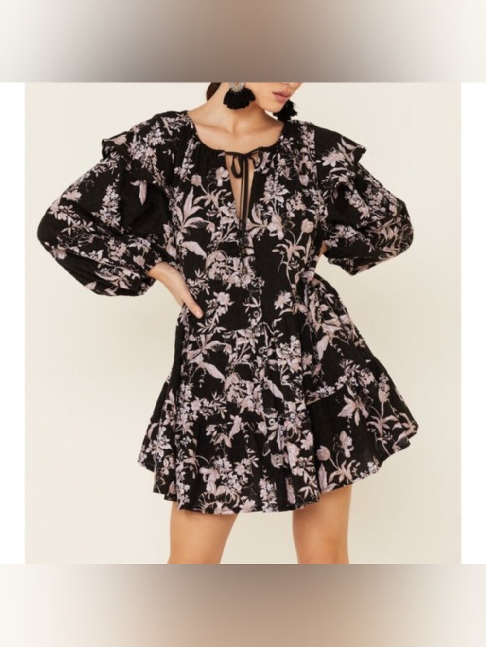 Free People Size XS Brown Floral Ruffle Tiered Tunic Mini Dress
